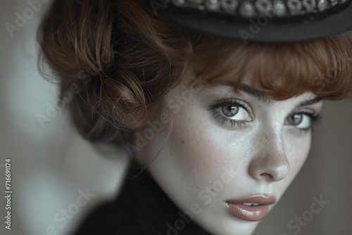 Vintage-Inspired Fashion Portrait of a Redhead Woman with a Hat