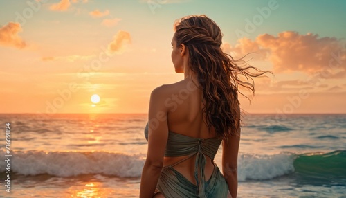  the back of a woman's head as she stands on a beach with the sun setting in the background and the ocean in the foreground with a wave coming in the foreground.