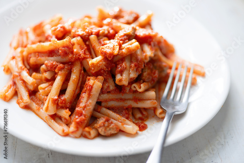 italian sausage cavatelli pasta in tomato sauce