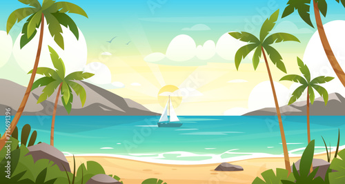 Sea coastline in the morning. Vector landscape of summer spring beach  tropical ocean coastline with mountains  palm trees. Marine horizon background. Seascape view illustration. Summer holidays