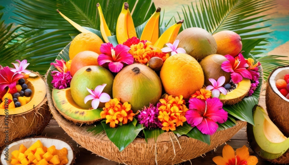 a close up of a bunch of fruit in a basket on a table with flowers and fruit on the side of the basket and on the other side of the basket. a close up of a bunch of fruit in a basket on a table with flowers and fruit on the side of the basket and on the other side of the basket.