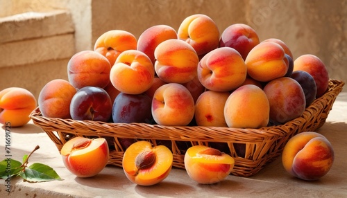  a basket of peaches sitting on a table next to a bushel of peaches and a few pieces of peaches on a table next to a basket of peaches.