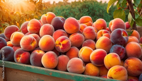  a pile of peaches sitting on top of each other in a wooden box next to a leafy green bush with a sun shining through the trees in the background.