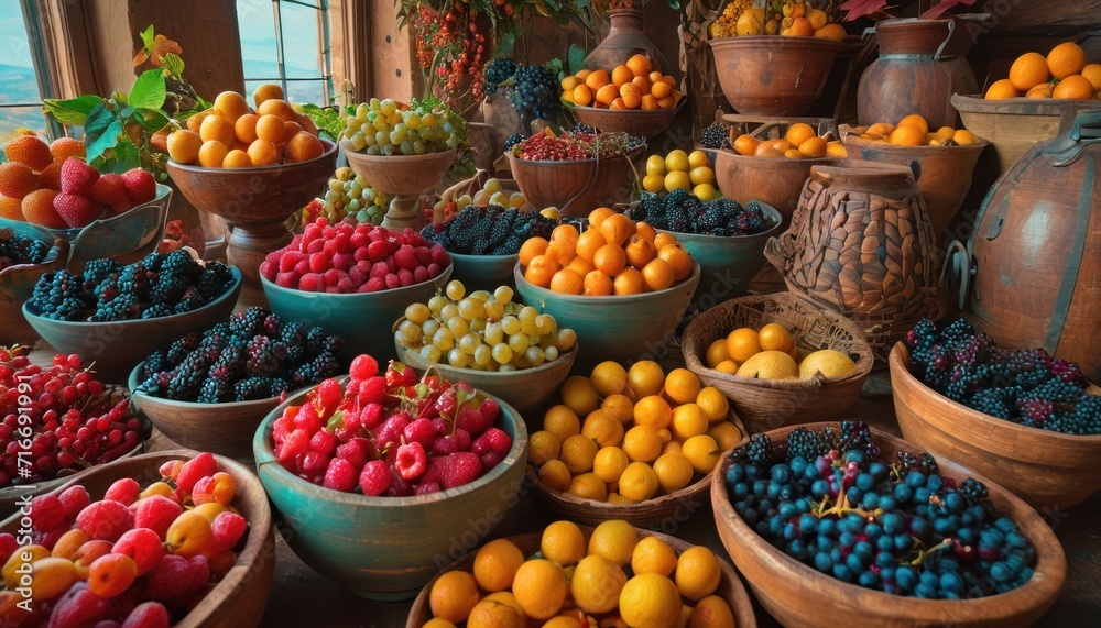  a table topped with bowls filled with lots of fruit next to a vase filled with oranges, raspberries, lemons, and other types of fruit.
