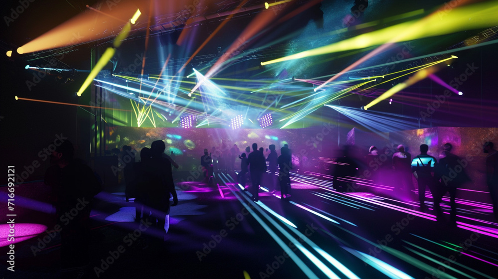 Obraz premium illuminated performance art exhibition area backgrounds. Invitation areas surrounded by colorful spotlights. empty art exhibition event. An invitation area next to the concert modern art exhibition