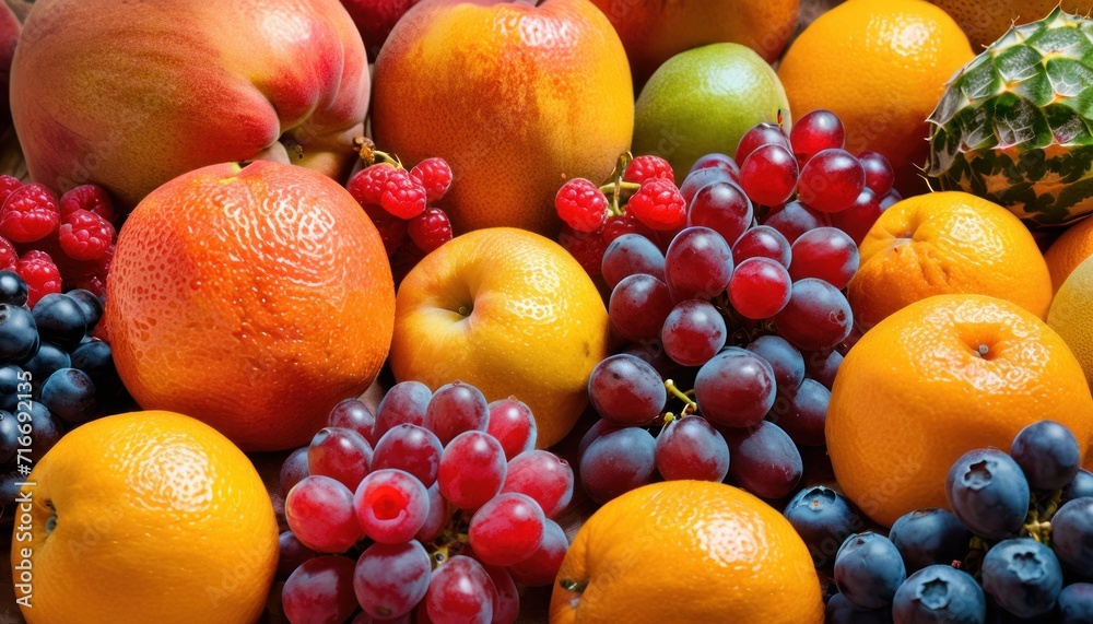  a close up of a bunch of fruit including oranges, apples, grapes, and pineapples with a pineapple in the middle of the top of the picture.