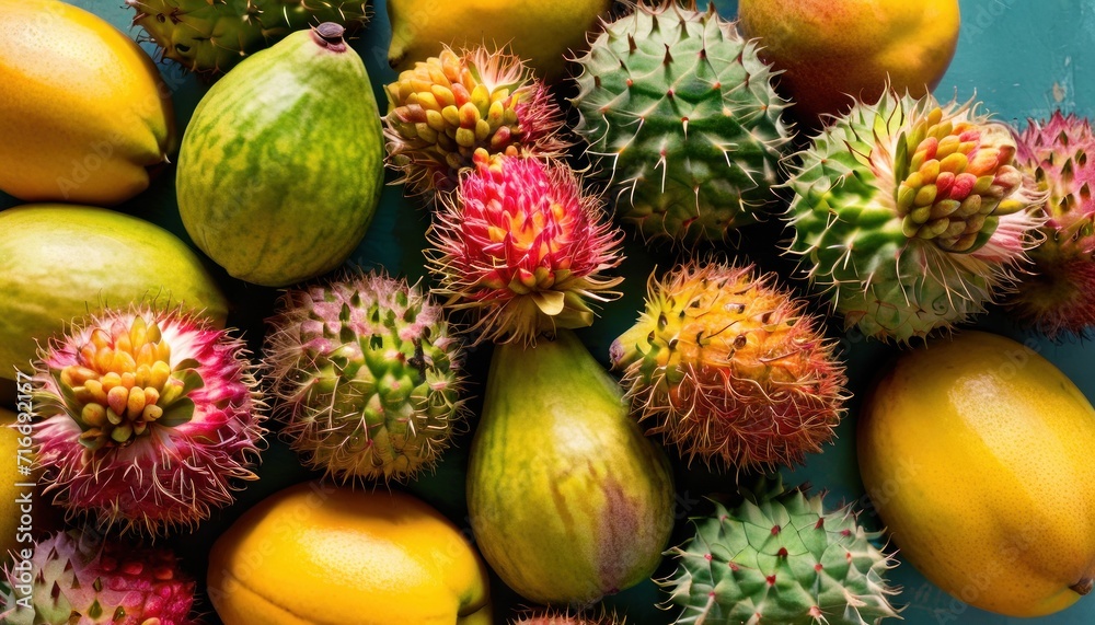 a bunch of fruit sitting next to each other on a blue surface with yellow and green fruit in the middle of the picture and on the top of the picture. a bunch of fruit sitting next to each other on a blue surface with yellow and green fruit in the middle of the picture and on the top of the picture.