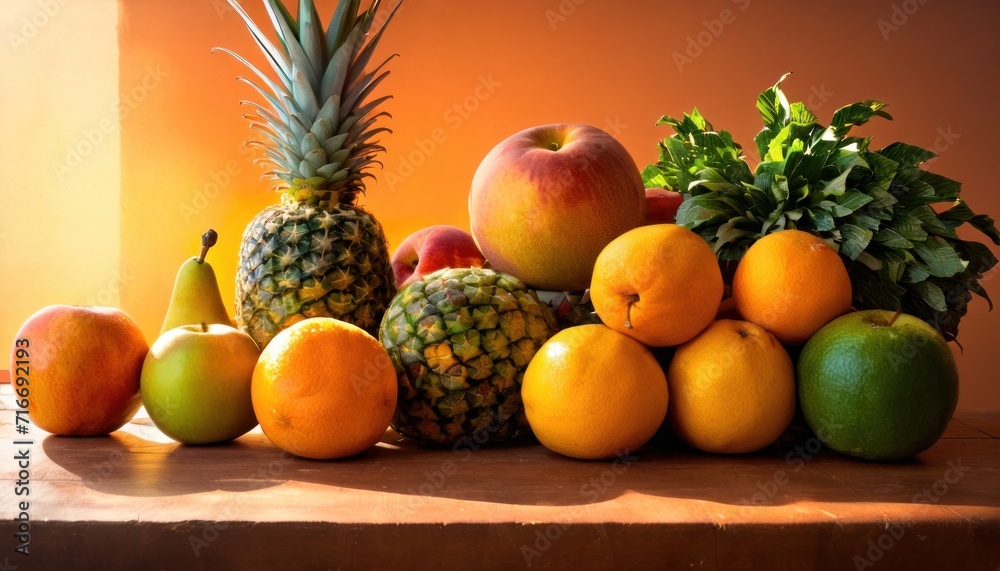 a pile of fruit sitting on top of a table next to a pineapple, oranges, apples, lemons, and a pineapple on top of another fruit.