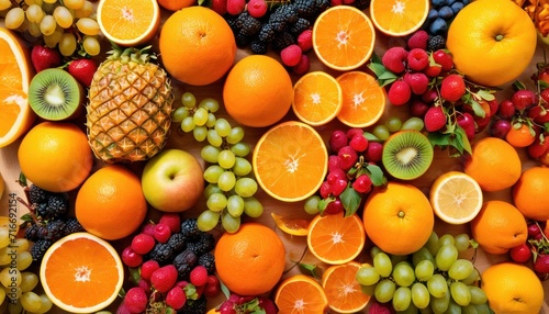  a table topped with lots of different types of fruit next to pineapples, oranges, grapes, strawberries, and pineapple on top of a table. © Jevjenijs