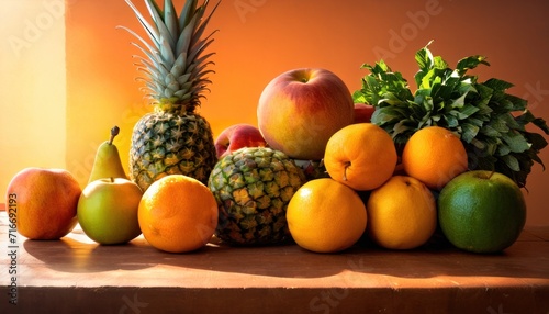  a pile of fruit sitting on top of a table next to a pineapple  oranges  apples  lemons  and a pineapple on top of another fruit.