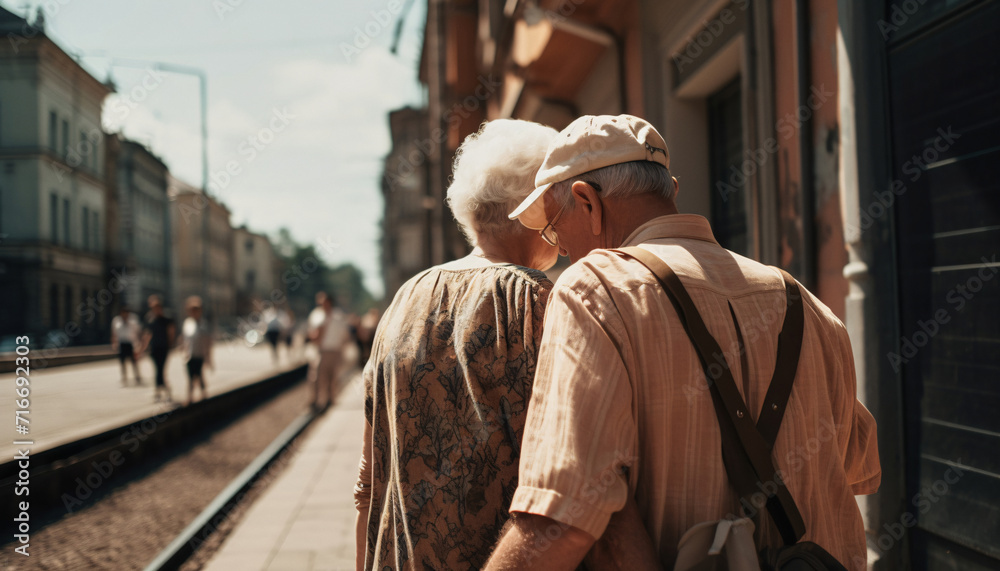 Elderly senior couple hugging and walking or traveling in the summer city, back view, AI generated