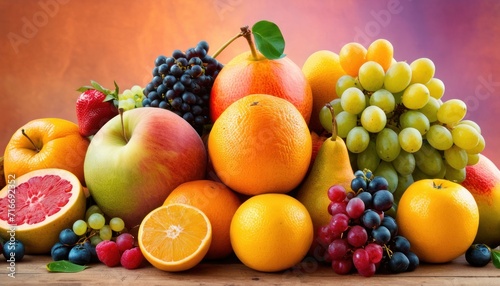  a pile of fruit including oranges  grapes  apples  pears  and grapefruits on a table with a purple background of oranges and blackberries.