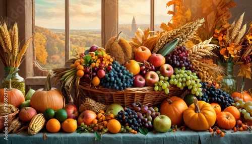 a painting of a basket of fruit and vegetables on a table with a view of autumn foliage and a window with autumn leaves and pumpkins in the foreground. © Jevjenijs