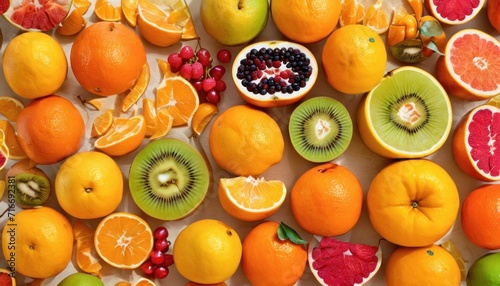  oranges, kiwis, and other fruits are arranged in a pattern on a white surface with red berries, oranges, kiwis, kiwis, and lemons. © Jevjenijs
