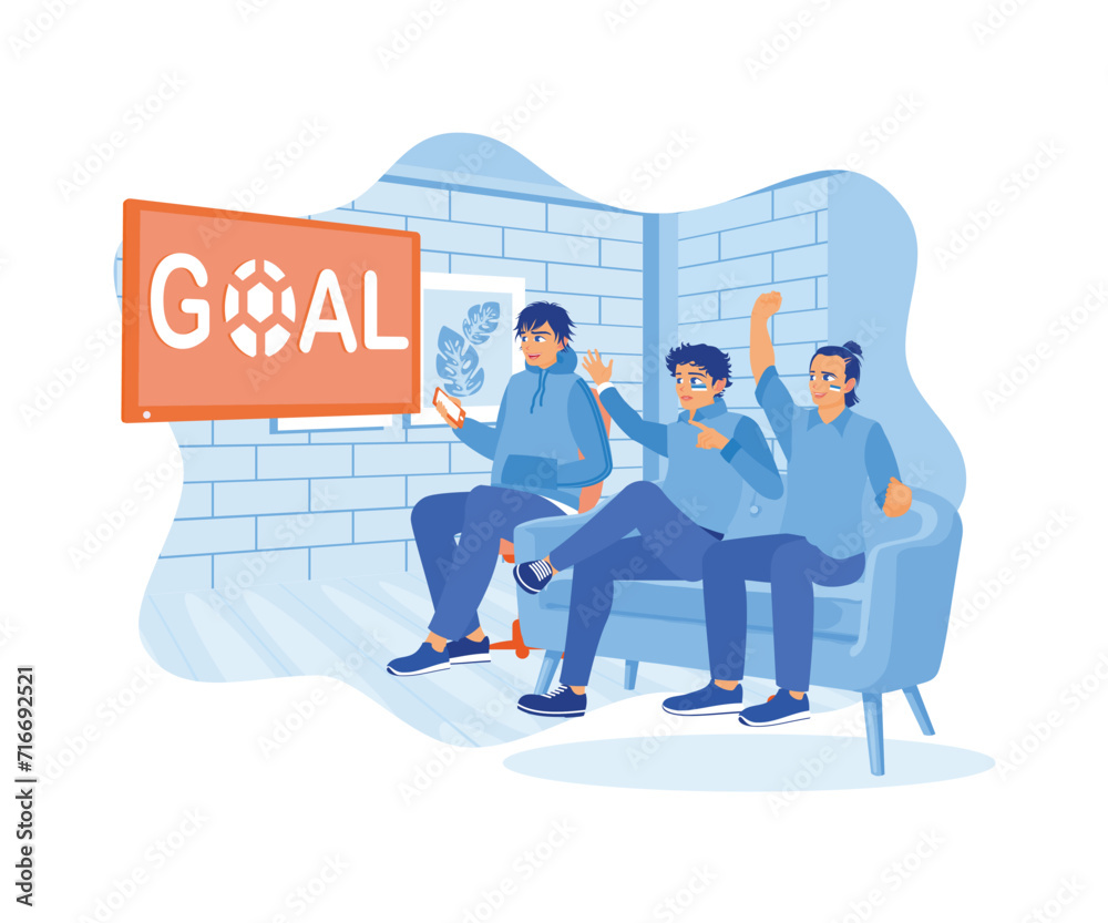 Football fans with painted faces watching the match on TV. Cheer, shout, and raise their hands when their team wins. Celebration concept. Flat vector illustration. Football fans with painted faces watching the match on TV. Cheer, shout, and raise their hands when their team wins. Celebration concept. Flat vector illustration.