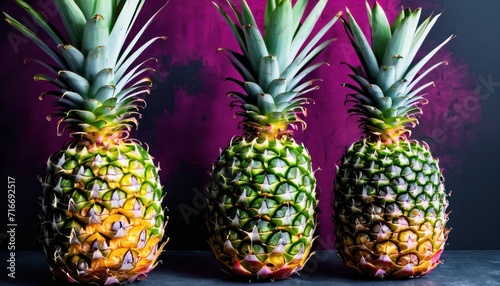  a group of three pineapples sitting next to each other on a purple and black surface with a purple wall behind them and a purple wall in the background.