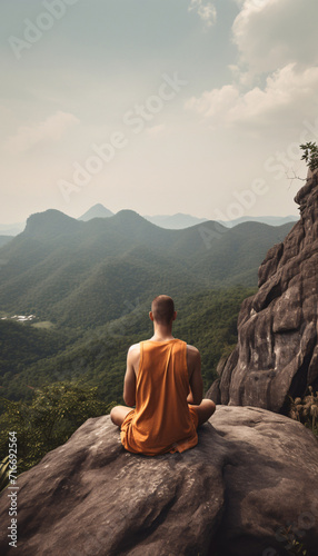 Mental health concept, a man meditating sitting on stones in the mountains, AI generated © perfectlab
