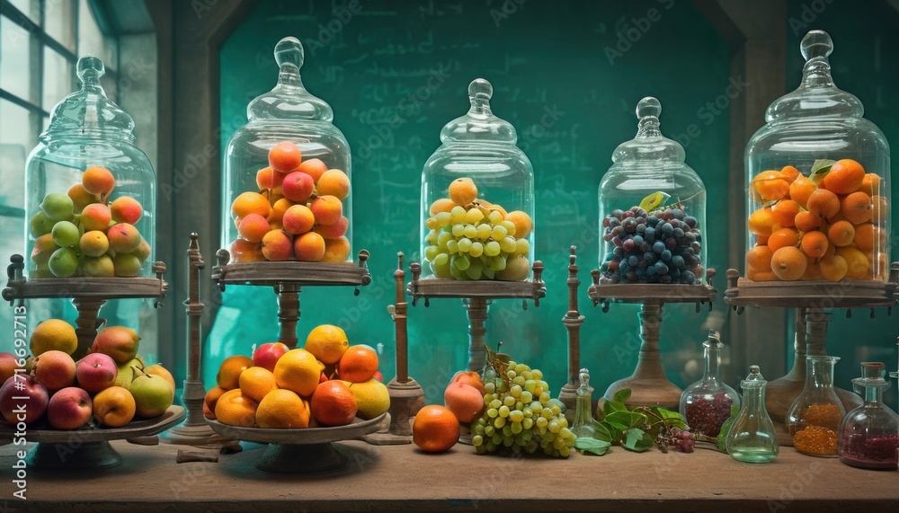  a table topped with lots of glass jars filled with different types of fruit on top of wooden trays next to a chalkboard with writing on the wall behind it.