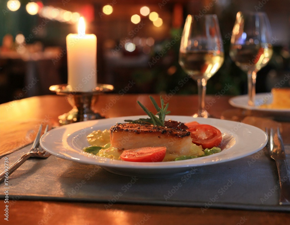Plate of delicious food is placed on table, with lit candle in background. This image can be used to depict romantic dinner, cozy restaurant setting, or special occasion celebration