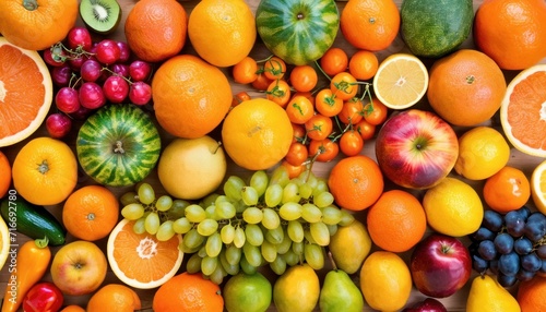  a bunch of different types of fruit are arranged in the shape of a circle on top of a white surface with oranges  grapes  lemons  apples  grapes  and watermelon.