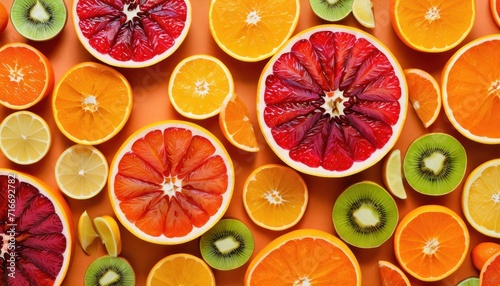  oranges  kiwis  and grapefruits are arranged in a pattern on a bright orange background with a white center piece of fruit in the middle.
