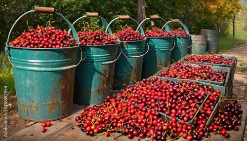  a bunch of buckets full of cherries sitting on a wooden table next to a road and a wooded area with trees and a dirt road in the background.
