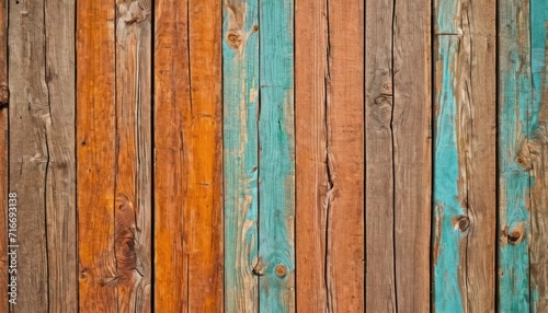  a close up of a wooden fence with blue and yellow paint on it's sides and a red and yellow stripe on the other side of the wooden planks.