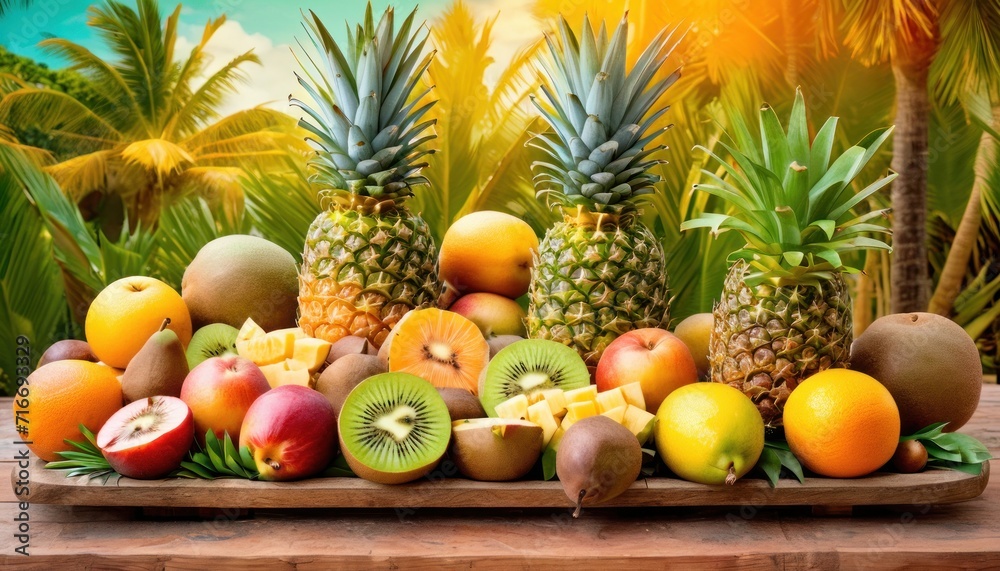  a pile of fruit sitting on top of a wooden table with pineapples, oranges, kiwis, bananas, apples and kiwi's.