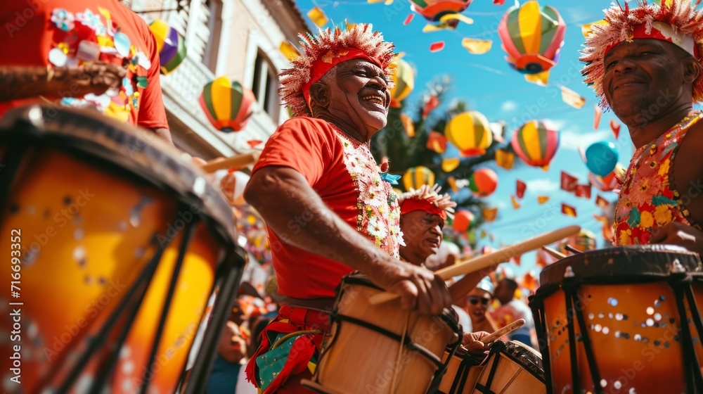 Men Playing Drums in Parade, Vibrant Rhythm and Energetic Beats Fill the Streets