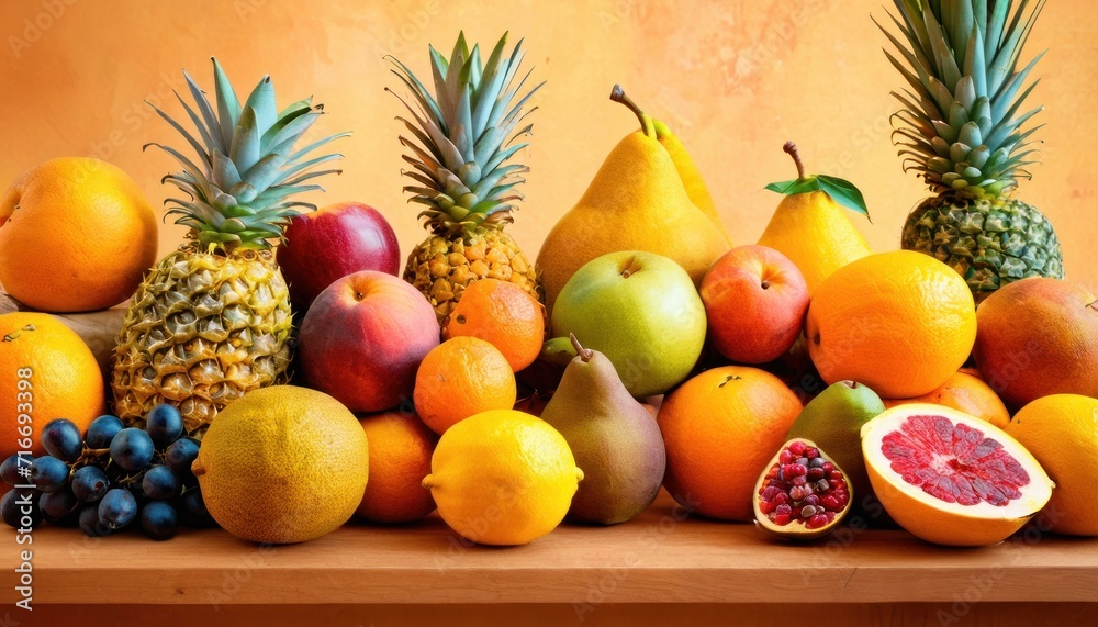 a table topped with a pile of fruit next to a pineapple, oranges, pears, and a pomegranate on top of another fruit. a table topped with a pile of fruit next to a pineapple, oranges, pears, and a pomegranate on top of another fruit.