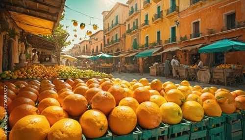  a fruit stand with oranges and lemons for sale in front of a row of buildings with green awnings on the side of the street in a city.