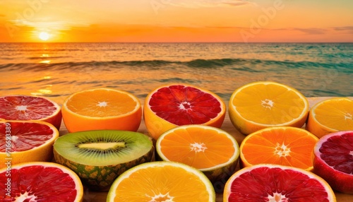  a group of oranges and kiwis sitting on a table next to the ocean with the sun setting in the backgrouund of the ocean behind them.