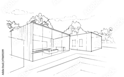 Line drawing of an architectural residential building. , Graphic assembly in architecture and interior design work. ,Sketch ideas for interior or exterior designs.