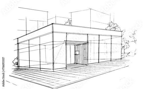 Line drawing of a shopping mall. , Graphic assembly in architecture and interior design work. ,Sketch ideas for interior or exterior designs.