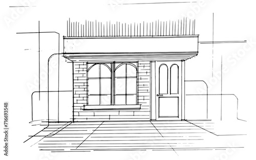Line drawing of a shopping mall. , Graphic assembly in architecture and interior design work. ,Sketch ideas for interior or exterior designs.