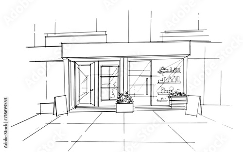 Line drawing of a shopping mall. , Graphic assembly in architecture and interior design work. ,Sketch ideas for interior or exterior designs.