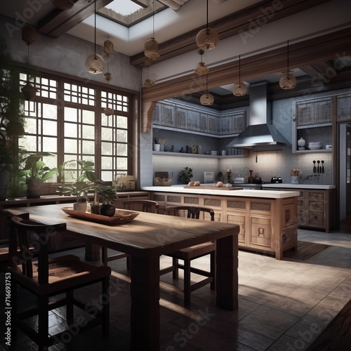 Kitchen interior in modern house in Chinese style.