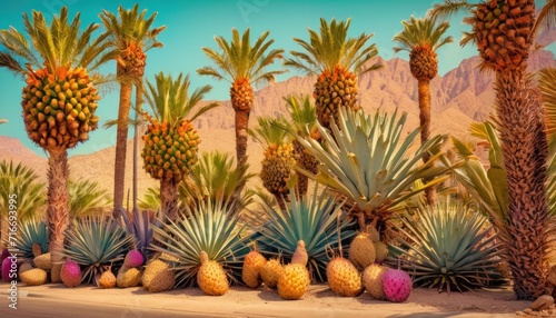  a row of palm trees sitting next to each other on top of a dirt road in front of a mountain range with a blue sky and a few clouds in the background.