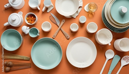  a collection of dishes and utensils laid out on an orange surface with spoons, plates, cups, and utensils on top of the table.