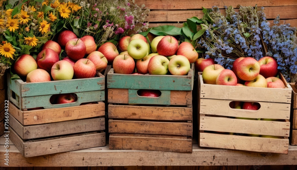a pile of wooden crates filled with lots of red and green apples next to a pile of yellow and purple flowers and a bunch of blue and yellow daisies. a pile of wooden crates filled with lots of red and green apples next to a pile of yellow and purple flowers and a bunch of blue and yellow daisies.