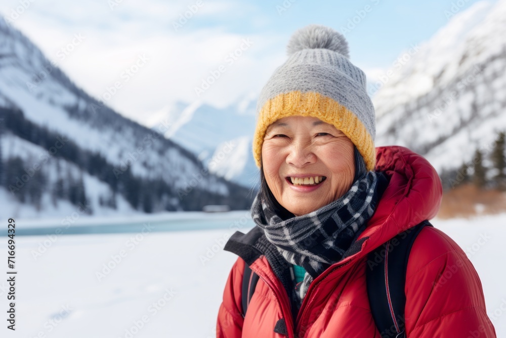 Portrait of a smiling asian elderly woman in her 90s sporting a trendy beanie against a pristine snowy mountain. AI Generation Portrait of a smiling asian elderly woman in her 90s sporting a trendy beanie against a pristine snowy mountain. AI Generation