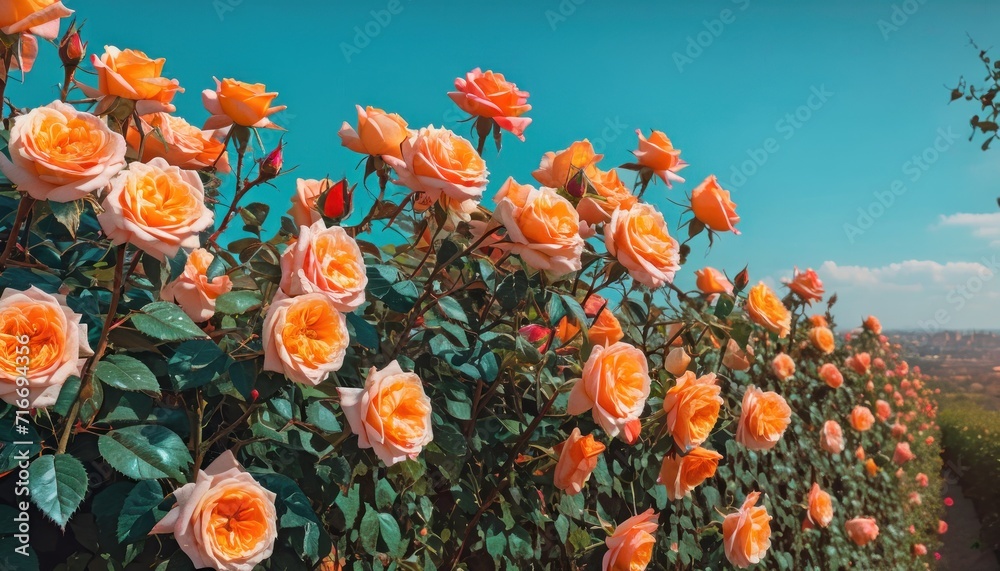a bush of peach colored roses on a sunny day with a blue sky in the background and a few green leaves on the top of the bush, in the foreground. a bush of peach colored roses on a sunny day with a blue sky in the background and a few green leaves on the top of the bush, in the foreground.