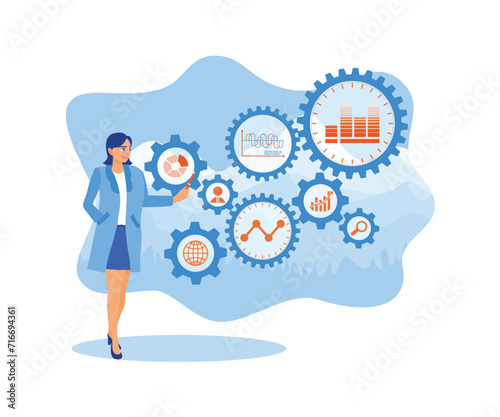 Business data analysis and robotic process automation management. Consultant touches gears connected to KPI financial charts and graphs. Business analysis concept. Flat vector illustration.
