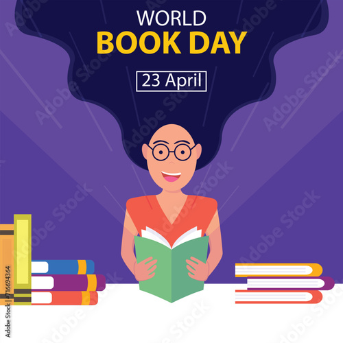 illustration vector graphic of a woman wearing glasses was hysterical while reading a book on the table, perfect for international day, world book day, celebrate, greeting card, etc.