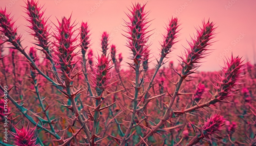  a close up of a plant in a field with a pink sky in the background and a pink sky in the middle of the field in the middle of the picture.