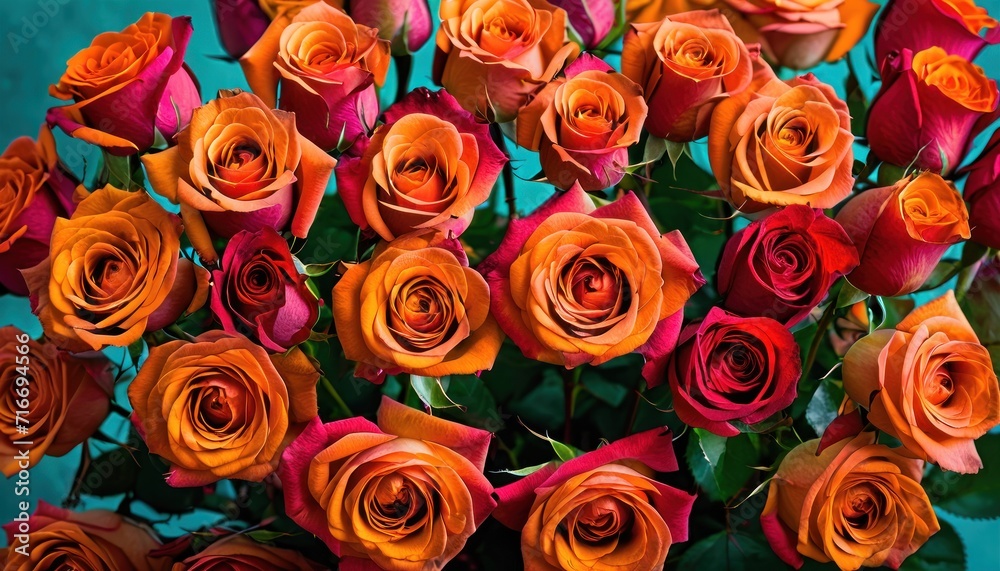 Pink Orange Amd Red Rosed a bunch of orange and red roses are in a vase on a blue background with ...
