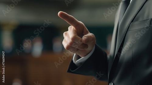 Prosecutor's speech in court. He actively gestures, focusing attention on the facts. The prosecutor's speech is accompanied by purposeful gesticulation, effectively conveying their position to the