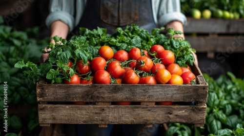 Caisse de légumes frais tenue par une personne : Marché ou jardin