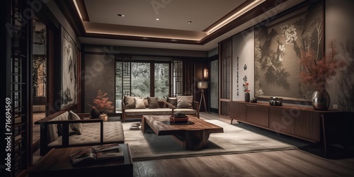 Interior of living room in modern Chinese style house.