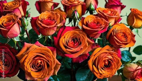  a bunch of orange and red roses in a vase with green leaves on the side of the vase and a green wall behind the vase with red and orange roses in the middle.